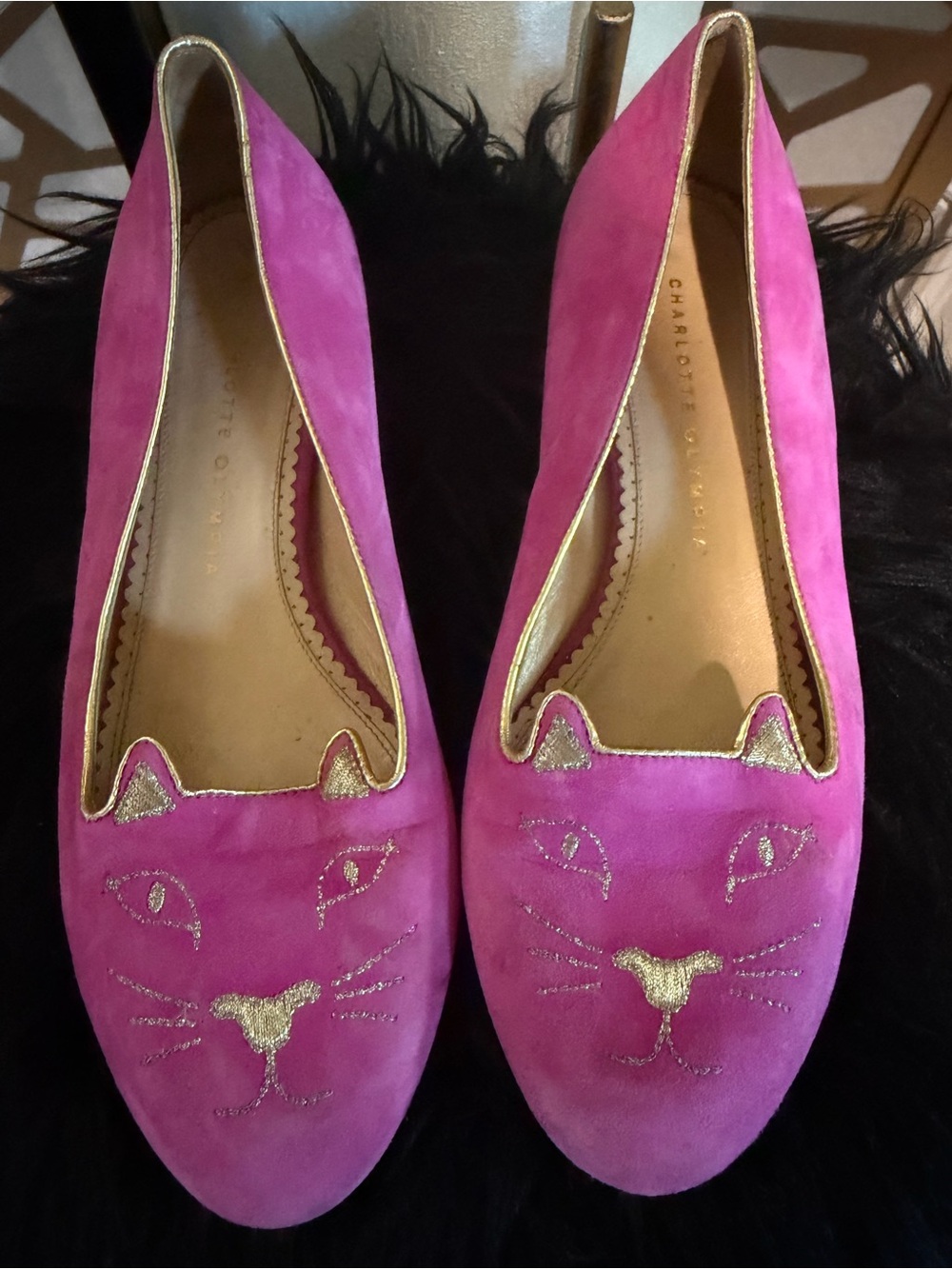 Charlotte Olympia Kitty Flats Pink Suede Gold Cat Loafers EU 39 US 8.5 9
